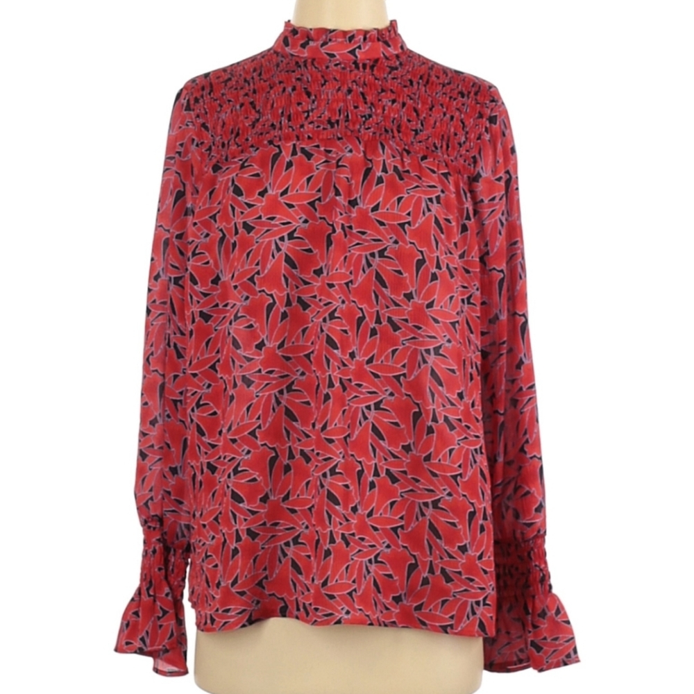 Ann Taylor Red Floral Long Sleeve Blouse